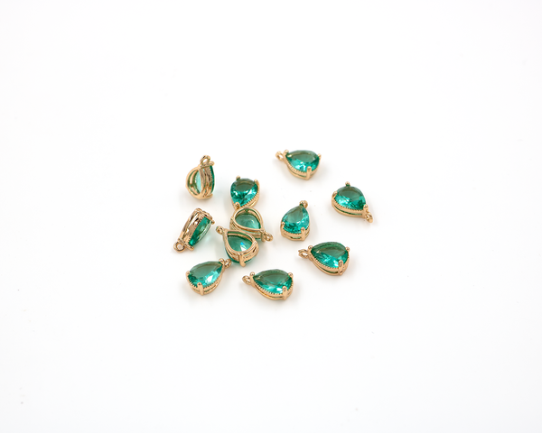 2 x 14K Gold Plated Green Faceted Glass Teardrop Pendants, 11x6mm (1377)