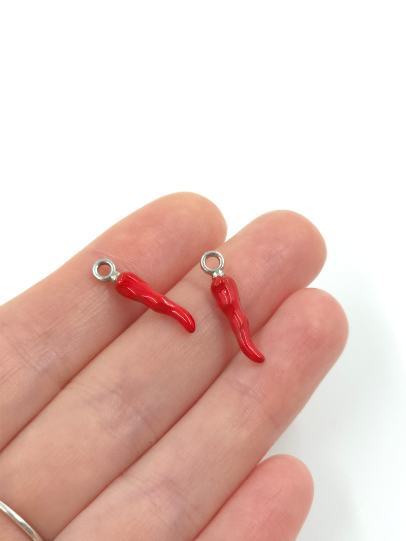 4 x Enamelled Red Chilli Pepper Charms with Silver Loops, 21x4mm