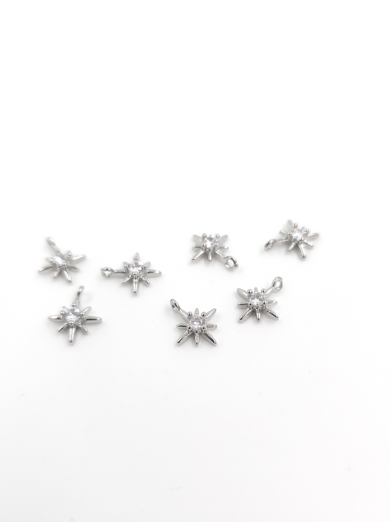 2 x Platinum Plated Tiny Star Charms with Cubic Zirconia, 10x8mm (2569)