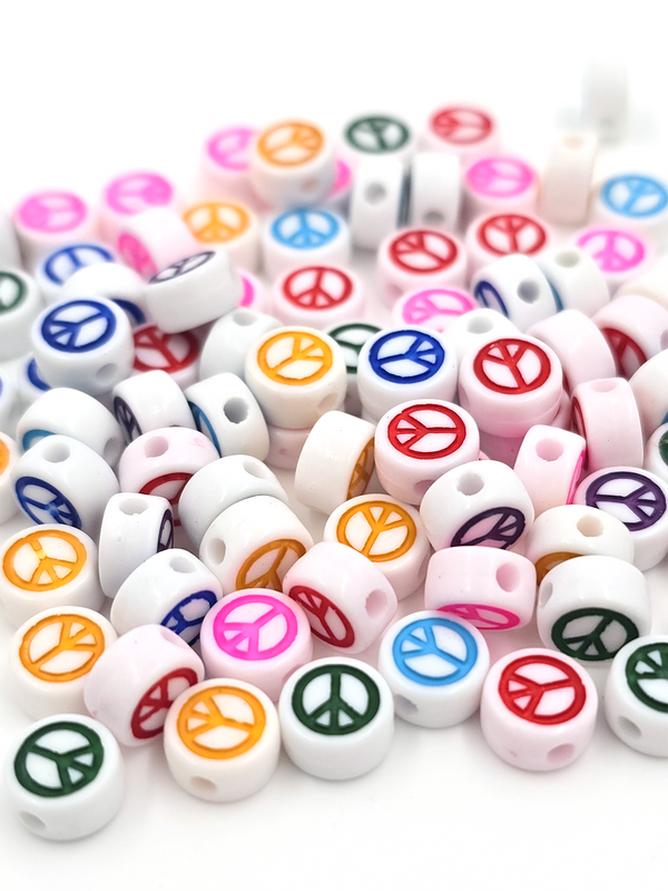 100 x Opaque White Flat Round Acrylic Beads with Colourful Peace Pattern, 7x4mm