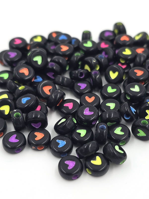 100 x Opaque Black Flat Round Acrylic Beads with Neon Heart Pattern, 7x4mm