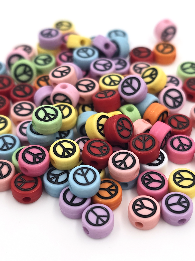 100 x Colourful Flat Round Acrylic Beads with Peace Pattern, 7x4mm