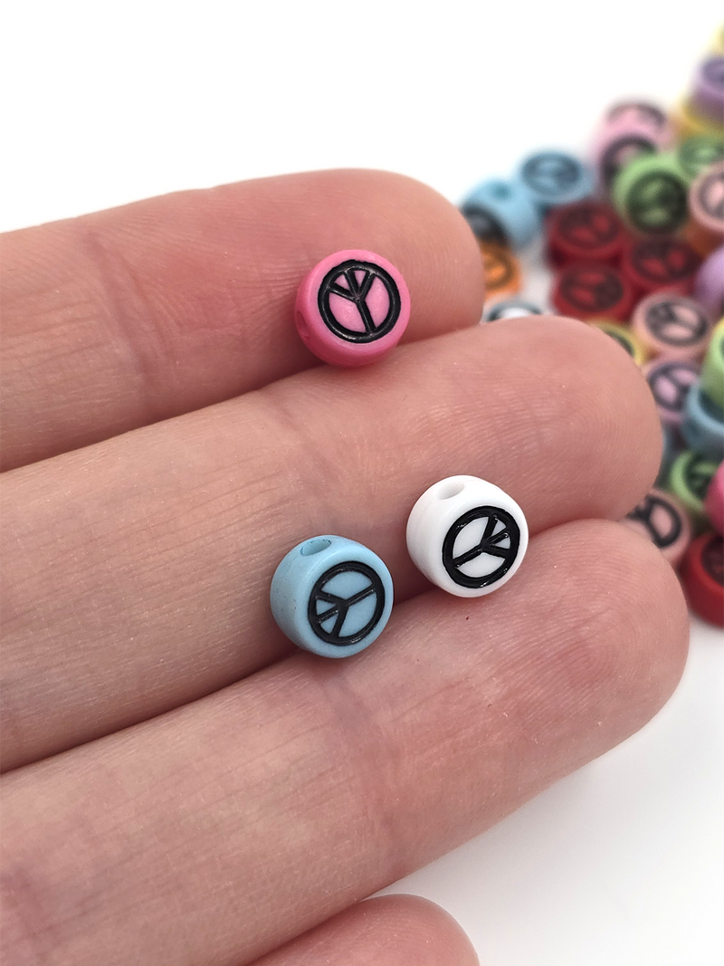 100 x Colourful Flat Round Acrylic Beads with Peace Pattern, 7x4mm