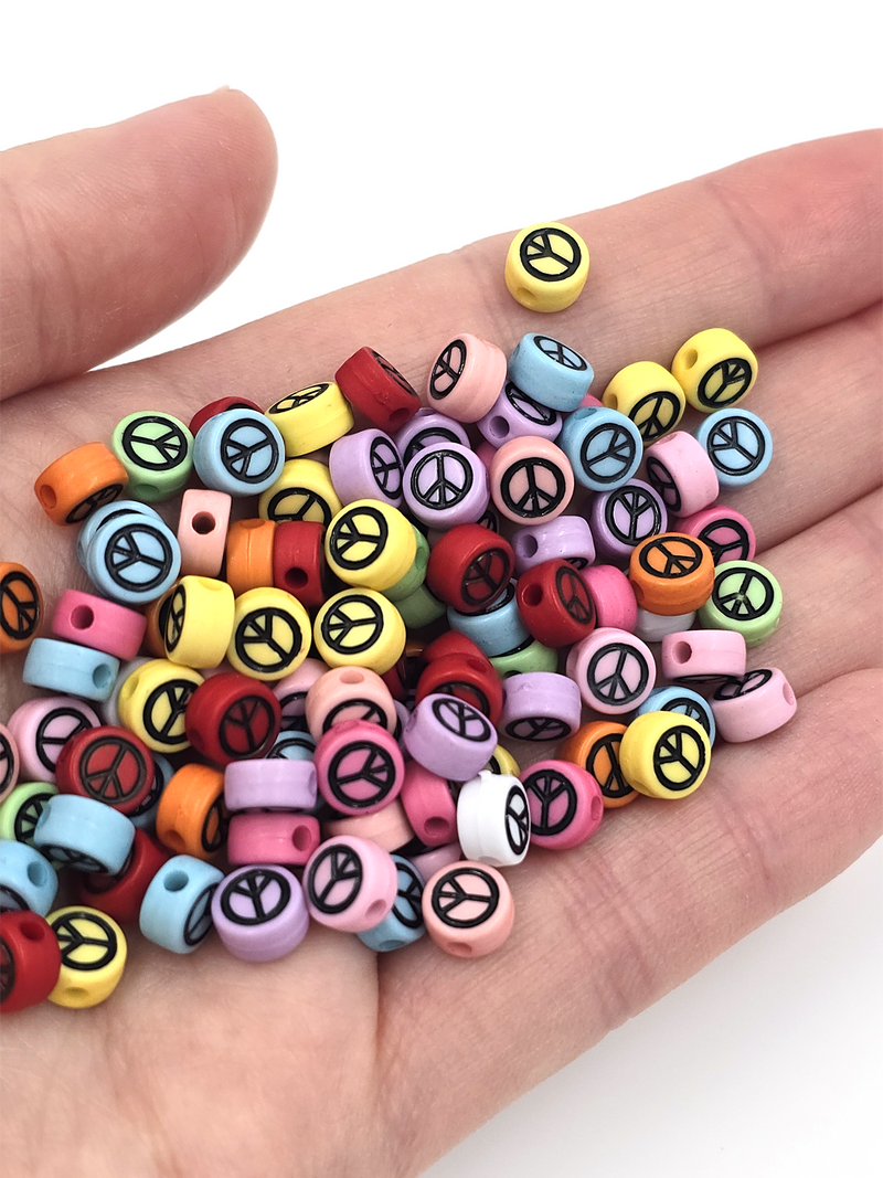 100 x Colourful Flat Round Acrylic Beads with Peace Pattern, 7x4mm