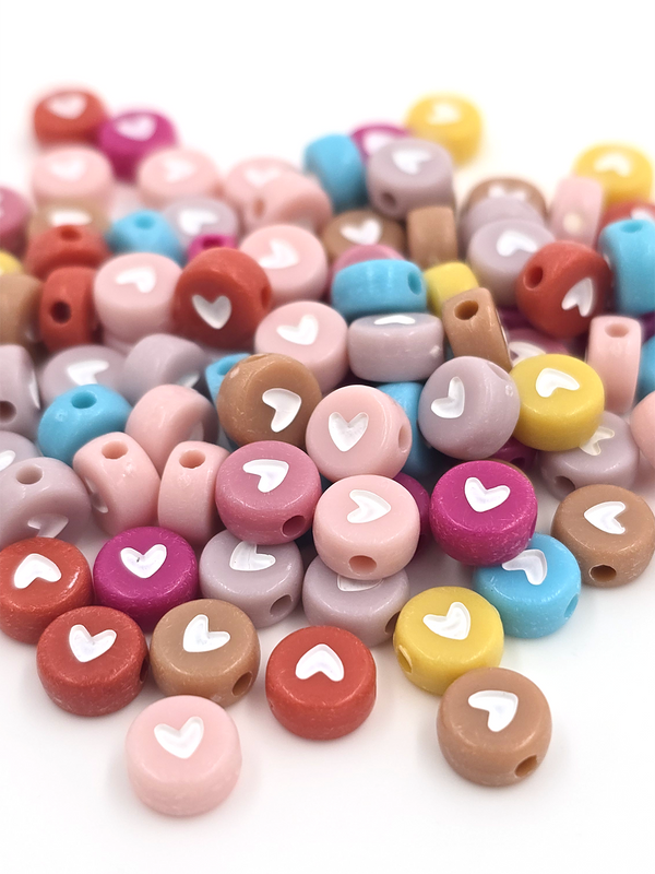 100 x Pastel Shades Flat Round Acrylic Beads with Heart Pattern, 7x4mm