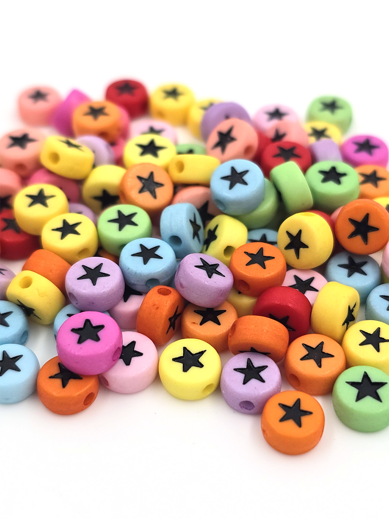 100 x Colourful Flat Round Acrylic Beads with Star Pattern, 7x4mm