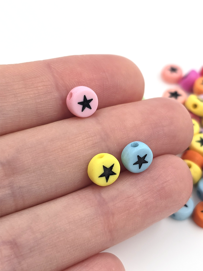 100 x Colourful Flat Round Acrylic Beads with Star Pattern, 7x4mm