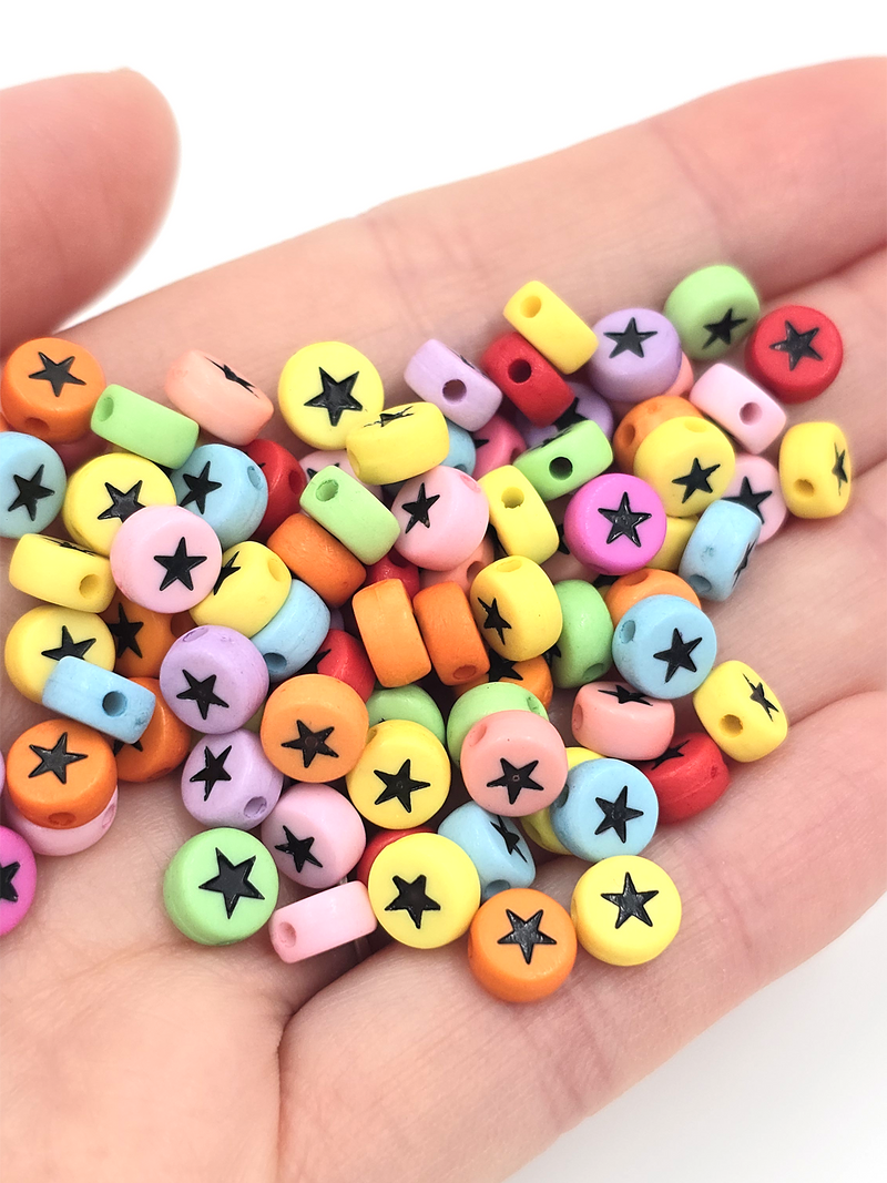 100 x Colourful Flat Round Acrylic Beads with Star Pattern, 7x4mm