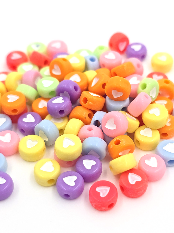 100 x Colourful Flat Round Acrylic Beads with Heart Pattern, 7x4mm