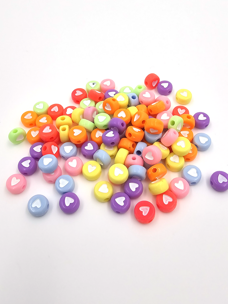 100 x Colourful Flat Round Acrylic Beads with Heart Pattern, 7x4mm