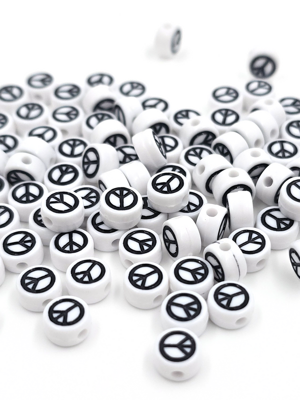 100 x Opaque White Flat Round Acrylic Beads Peace Pattern, 7x4mm