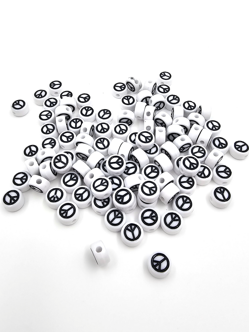 100 x Opaque White Flat Round Acrylic Beads Peace Pattern, 7x4mm