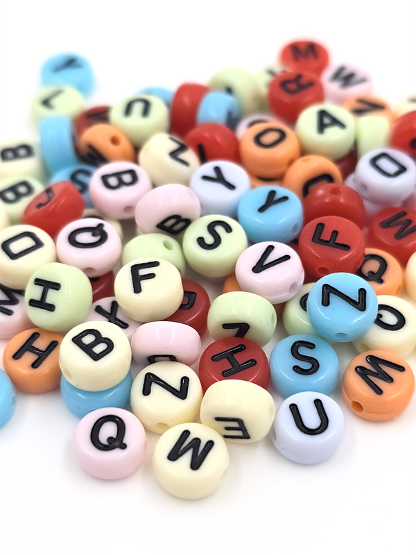 100 x Colourful Flat Round Alphabet Beads with Black Letters, 7x4mm