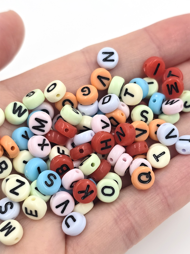 100 x Colourful Flat Round Alphabet Beads with Black Letters, 7x4mm