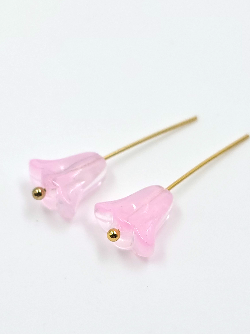 10 x Bell Shaped Pink Glass Flower Beads, 10x10mm