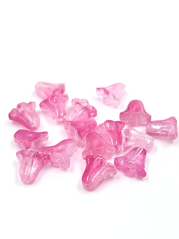 10 x Bell Shaped Deep Pink Glass Flower Beads, 10x10mm