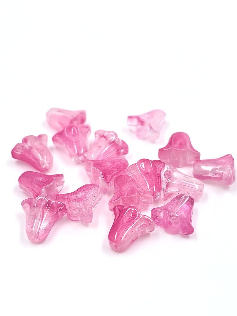 10 x Bell Shaped Deep Pink Glass Flower Beads, 10x10mm (2358)