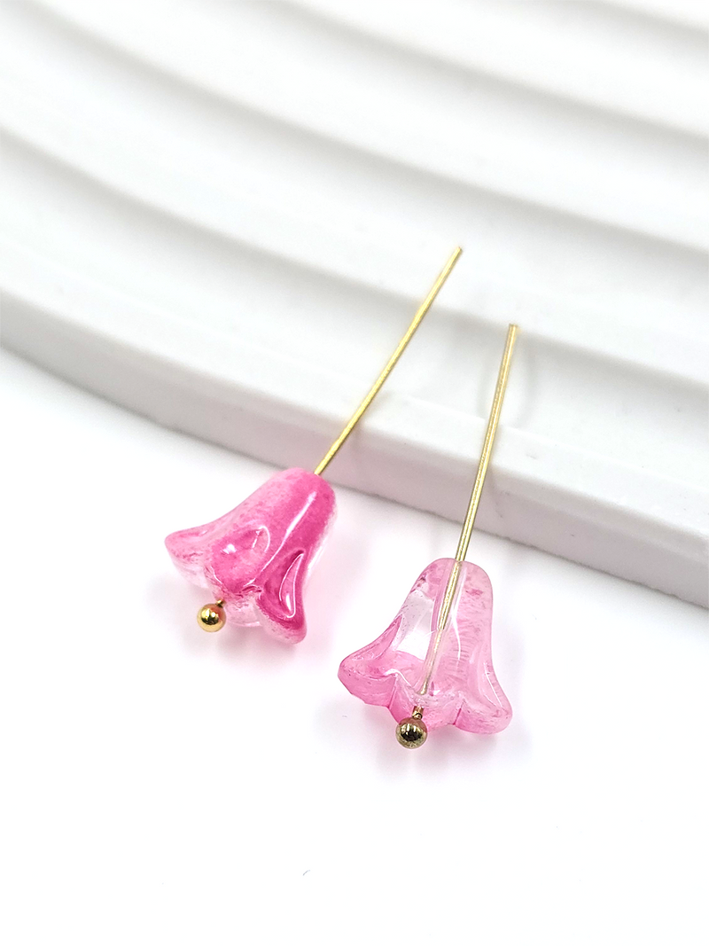 10 x Bell Shaped Deep Pink Glass Flower Beads, 10x10mm (2358)