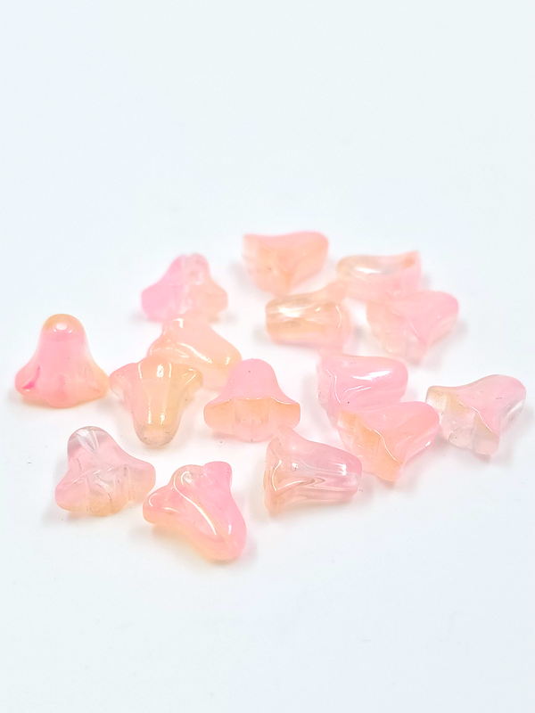 10 x Bell Shaped Pink to Yellow Glass Flower Beads, 10x10mm