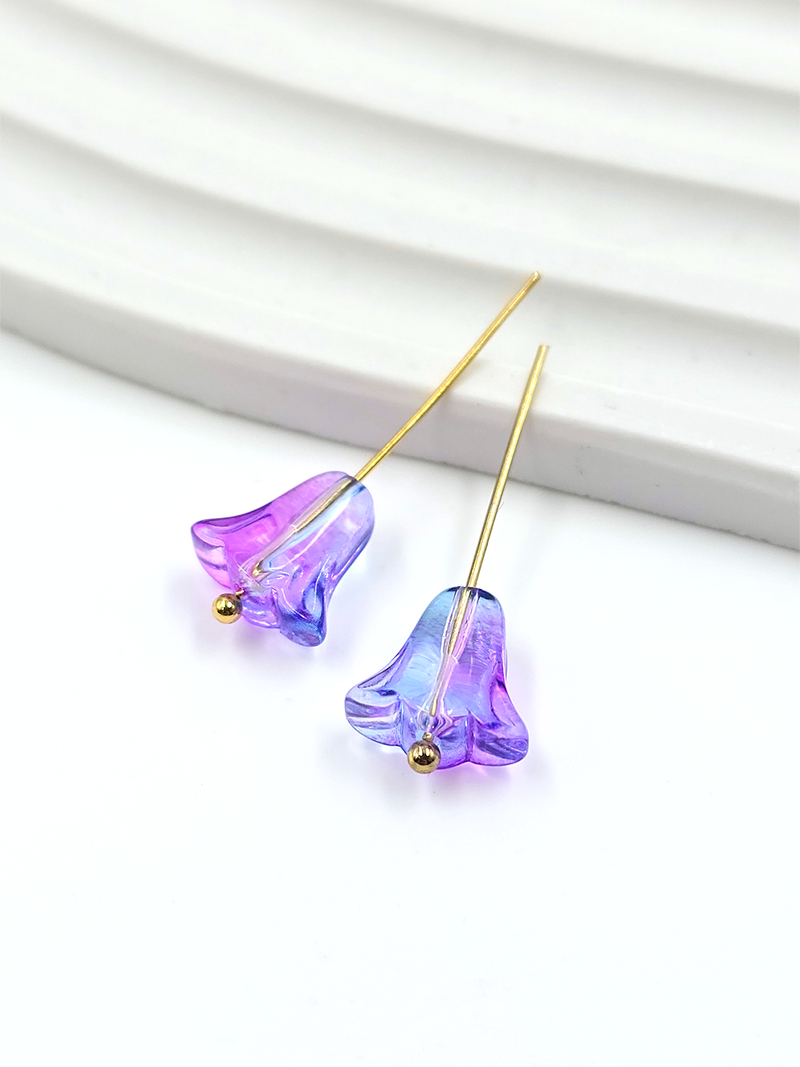 10 x Bell Shaped Lavender Colour Glass Flower Beads, 10x10mm (2360)