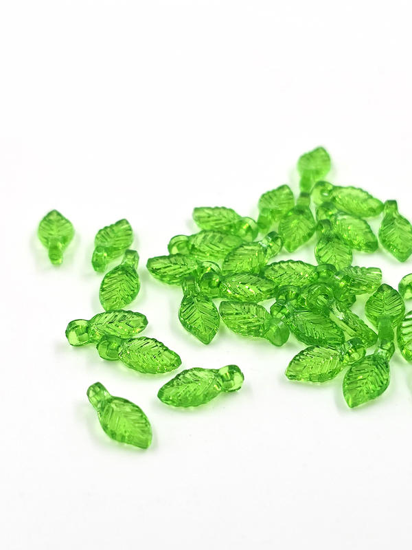 50 x Tiny Transparent Bright Green Acrylic Leaf Beads, 5x10mm