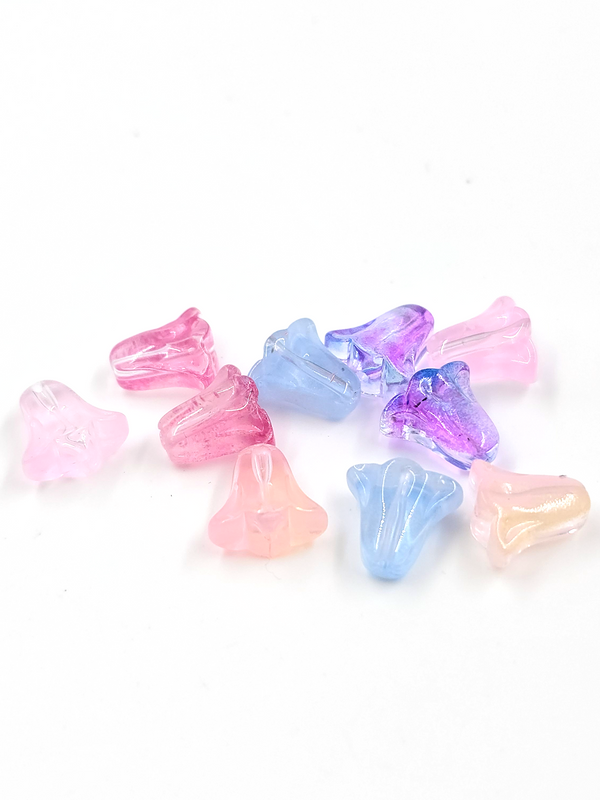 10 x Bell Shaped Mixed Colour Glass Flower Beads, 10x10mm