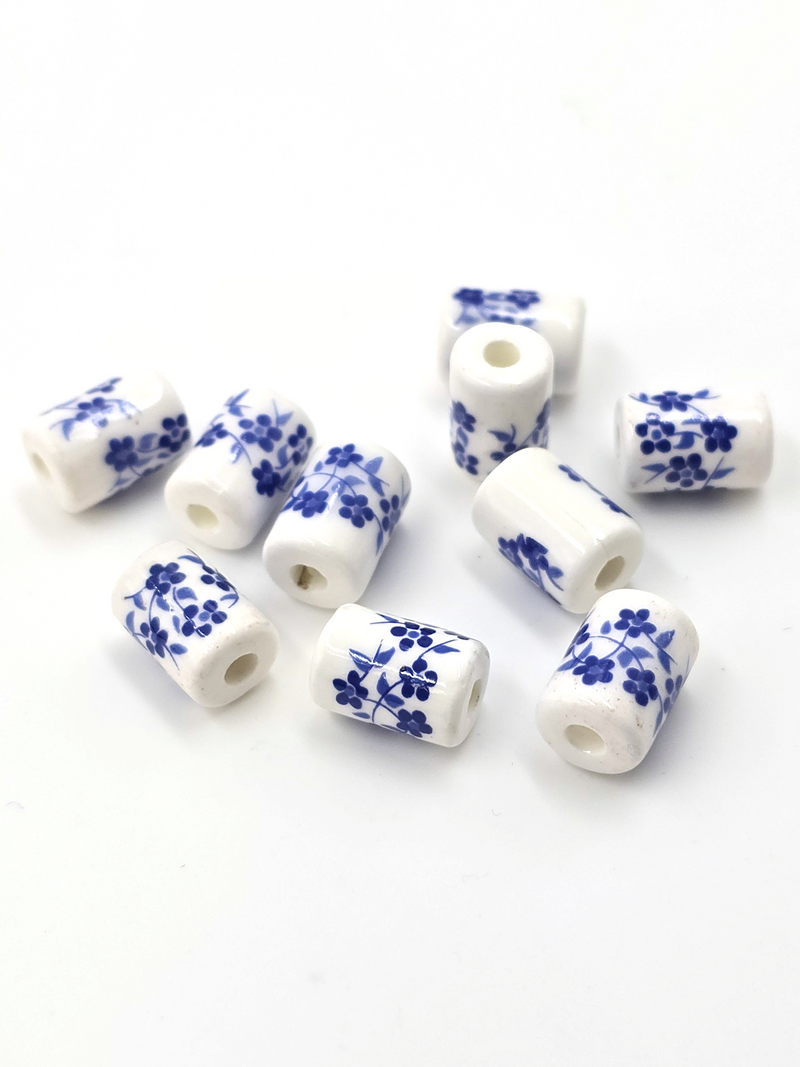 10 x Column Shaped White Ceramic Beads with Blue Floral Pattern, 12x8mm (3651)