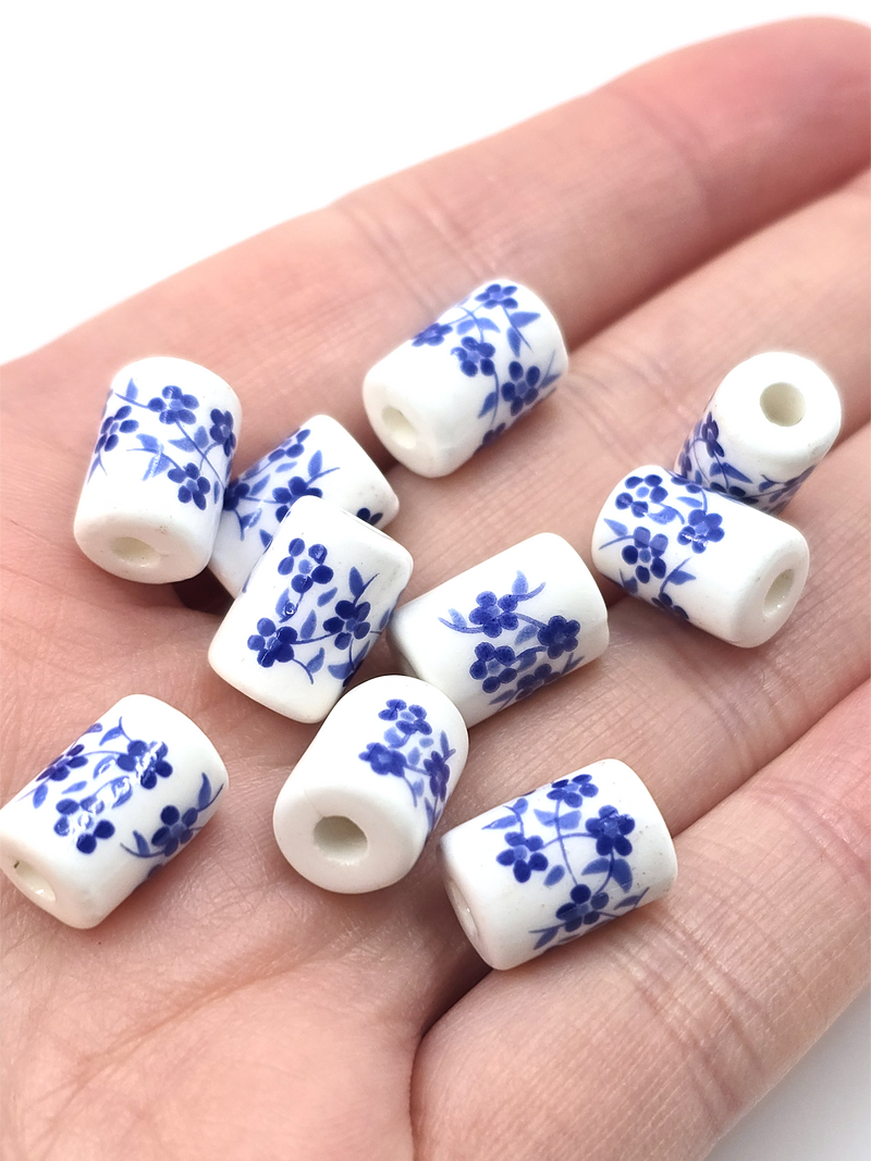 10 x Column Shaped White Ceramic Beads with Blue Floral Pattern, 12x8mm (3651)