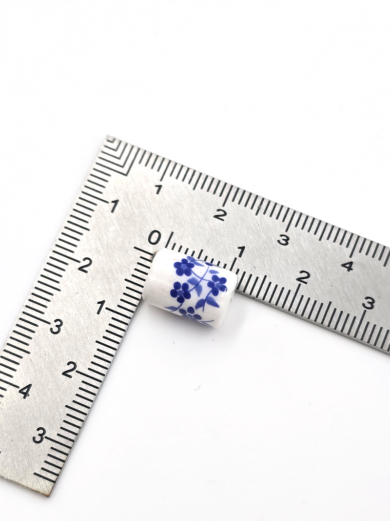 10 x Column Shaped White Ceramic Beads with Blue Floral Pattern, 12x8mm (3651)