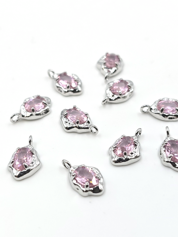 2 x Silver Organic Shaped Pink Cubic Zirconia Teardrop Charms, 12.5x7.5mm