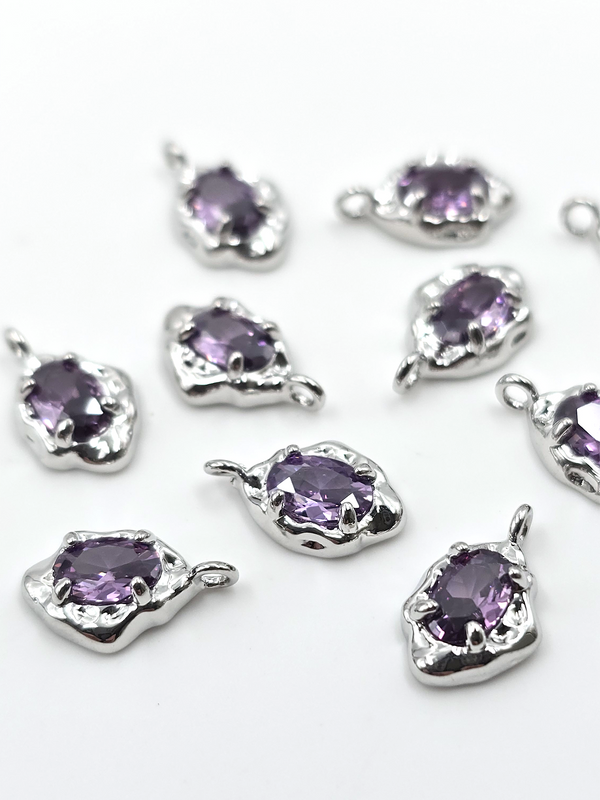 2 x Silver Organic Shaped Purple Cubic Zirconia Teardrop Charms, 12.5x7.5mm