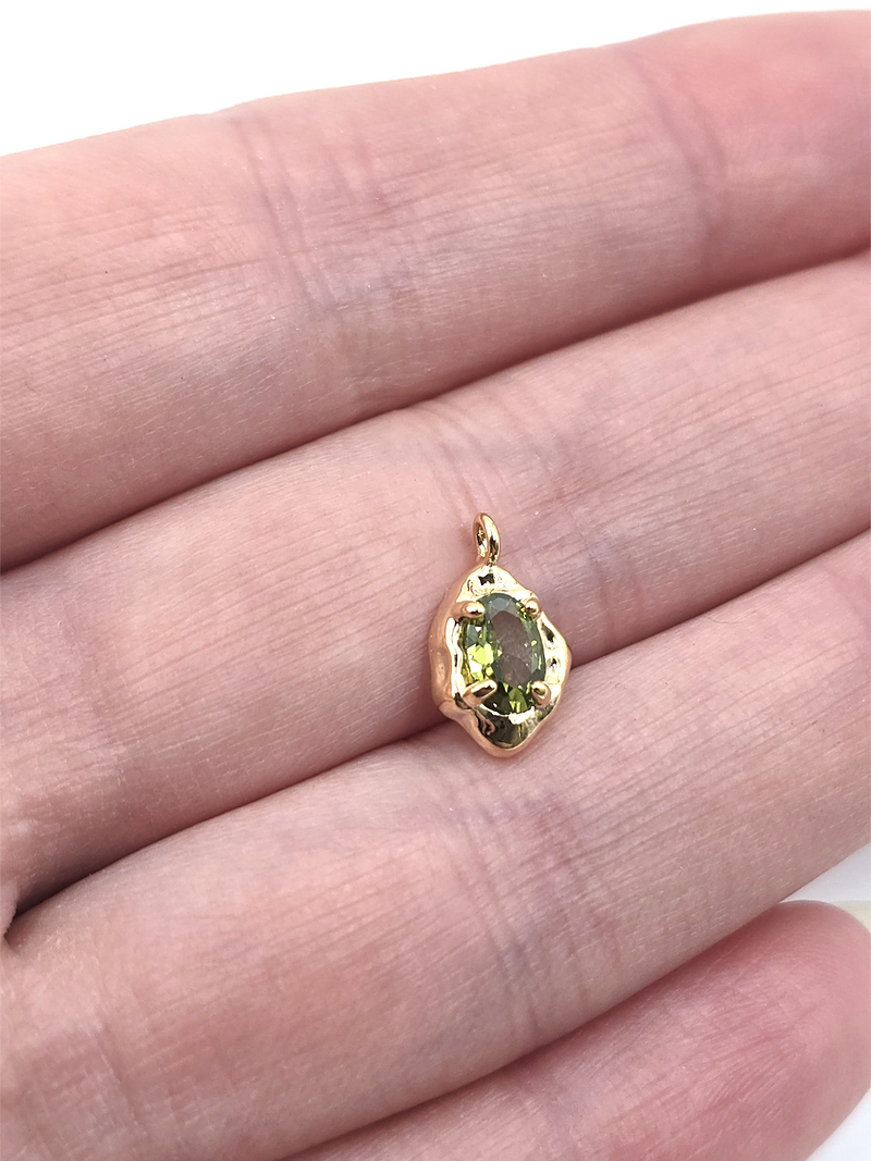 2 x Gold Organic Shaped Peridot Cubic Zirconia Teardrop Charms, 12.5x7.5mm