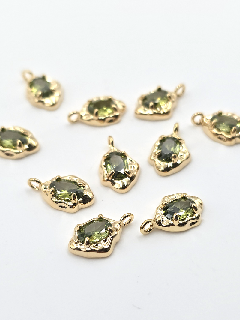 2 x Gold Organic Shaped Peridot Cubic Zirconia Teardrop Charms, 12.5x7.5mm