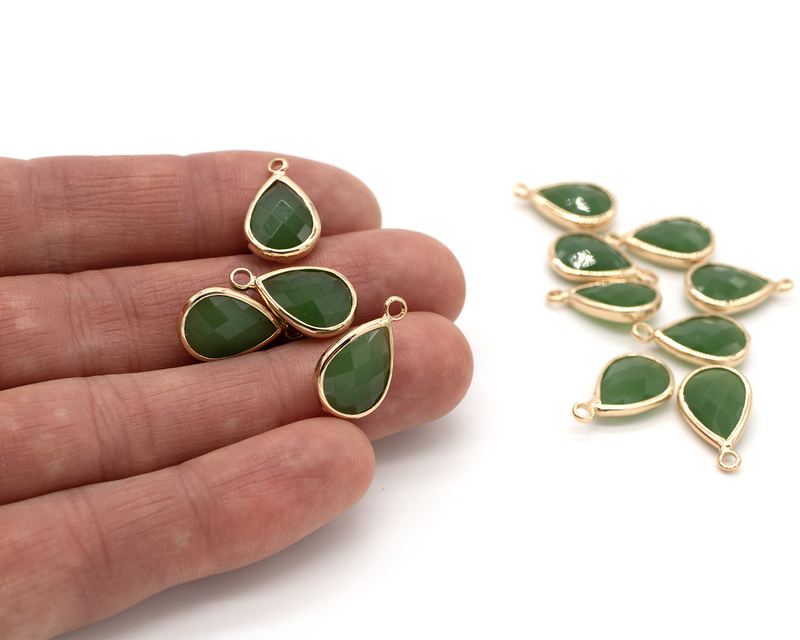 2 x Gold Plated Opaque Green Faceted Glass Teardrop Pendants, 18x11mm (3744)