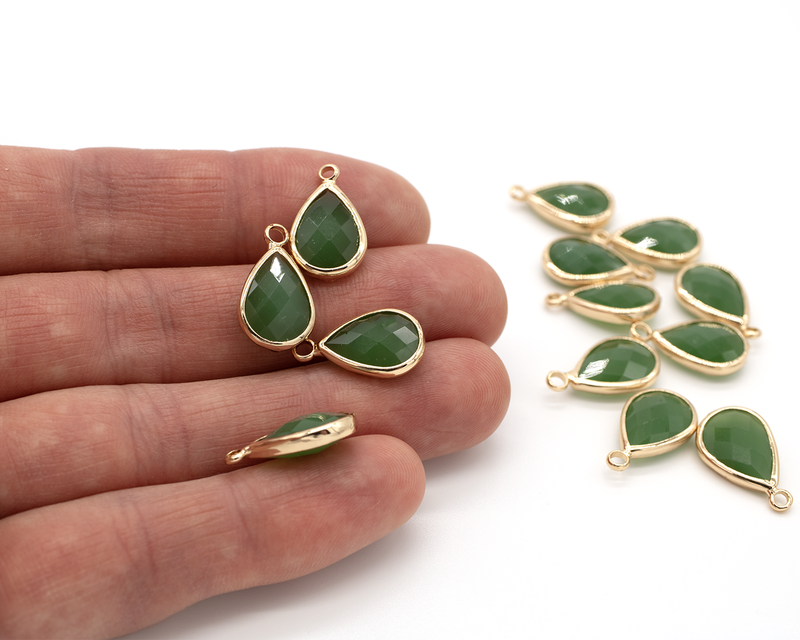 2 x Gold Plated Opaque Green Faceted Glass Teardrop Pendants, 18x11mm (3744)