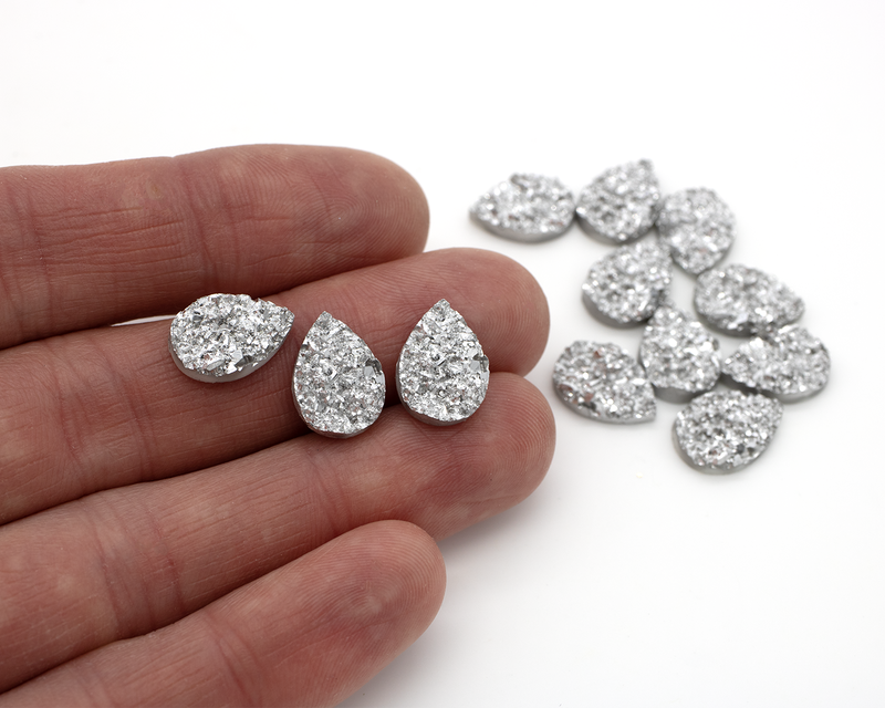 20 x Silver Resin Teardrop Druzy Cabochons, 14x10mm