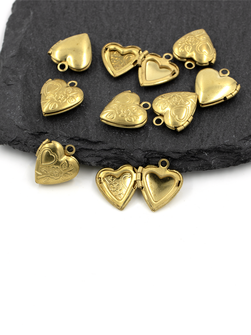 5 x Raw Brass Heart Locket Pendants with Embossed Floral Patten, 15x13mm (C0371)