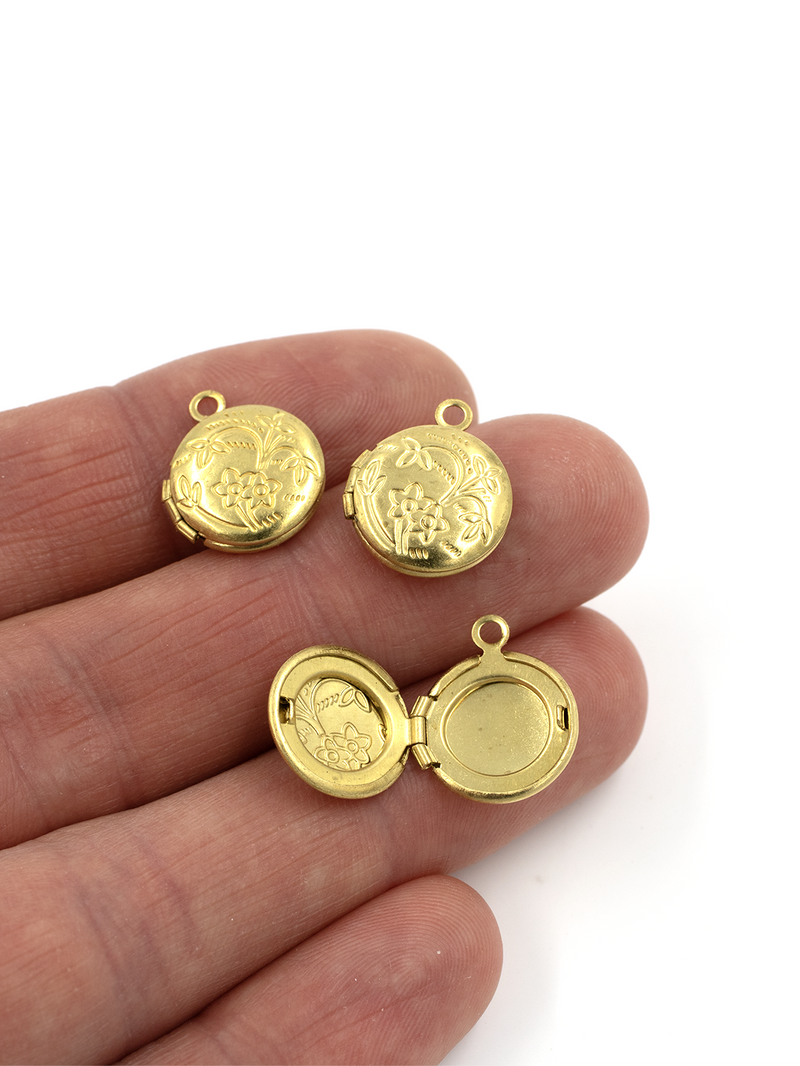 5 x Raw Brass Round Locket Pendants with Embossed Floral Pattern, 16x13.5mm (C0372)