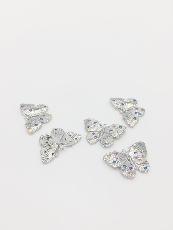 1 x Platinum Plated Butterfly Pendant with Multicolour CZ, 23x15mm (3884G)