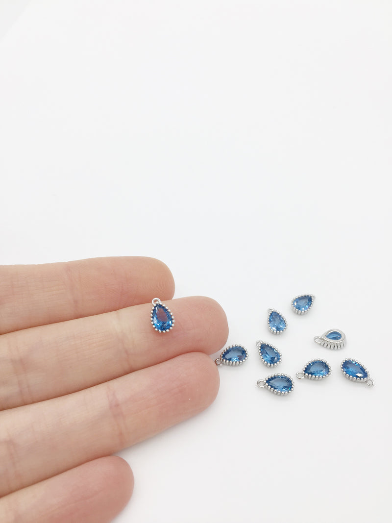 1 x Rhodium Plated Blue Cubic Zirconia Teardrop Charm, 5x8mm (3892)