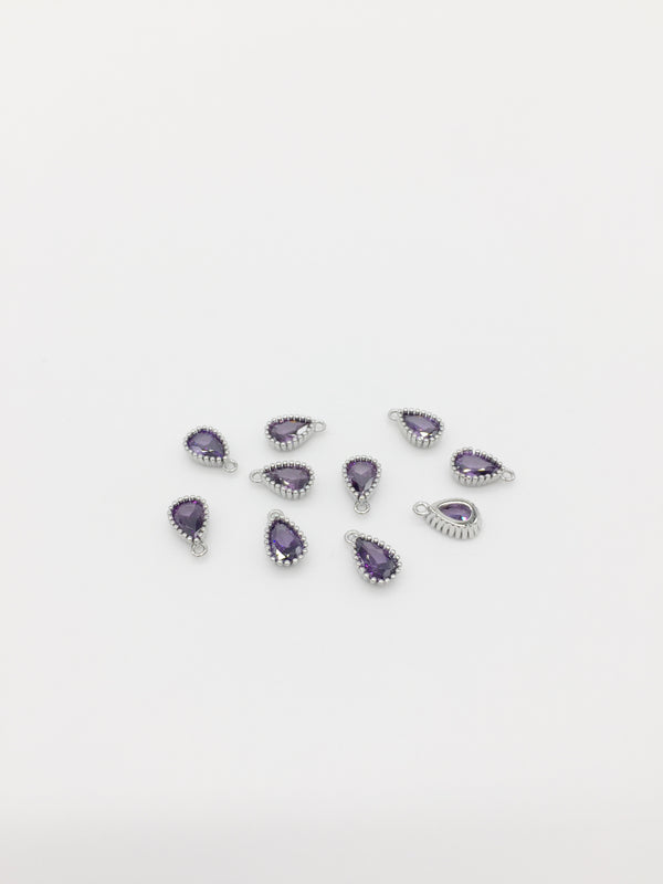 1 x Rhodium Plated Purple Cubic Zirconia Teardrop Charm, 5x8mm (3885)