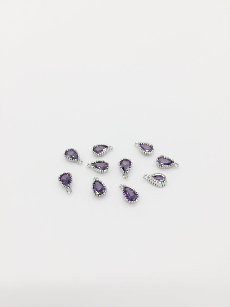 1 x Rhodium Plated Purple Cubic Zirconia Teardrop Charm, 5x8mm (3885)