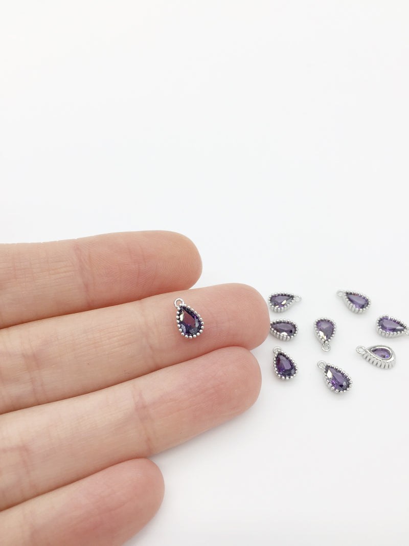 1 x Rhodium Plated Purple Cubic Zirconia Teardrop Charm, 5x8mm (3885)