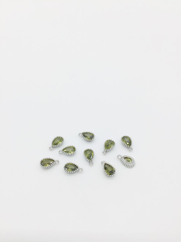 1 x Rhodium Plated Olive Green Cubic Zirconia Teardrop Charm, 5x8mm (3890)