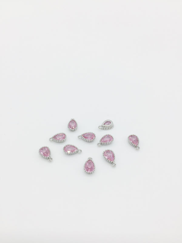 1 x Rhodium Plated Pink Cubic Zirconia Teardrop Charm, 5x8mm (3887)