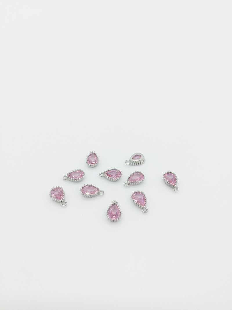 1 x Rhodium Plated Pink Cubic Zirconia Teardrop Charm, 5x8mm (3887)