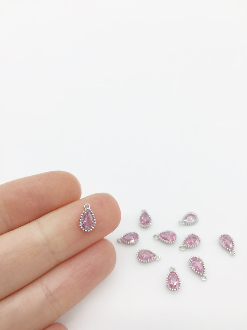 1 x Rhodium Plated Pink Cubic Zirconia Teardrop Charm, 5x8mm (3887)