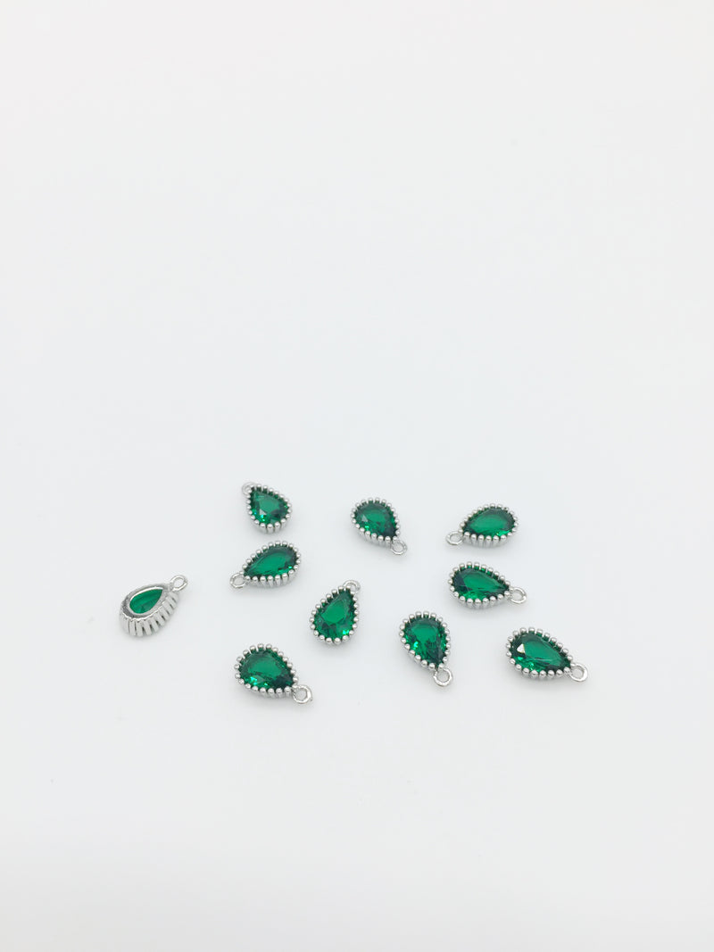 1 x Rhodium Plated Emerald Green Cubic Zirconia Teardrop Charm, 5x8mm (3889)