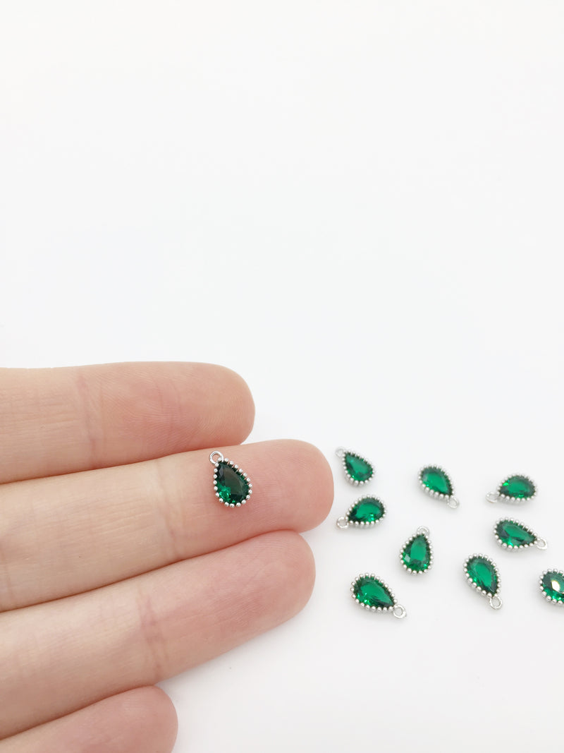 1 x Rhodium Plated Emerald Green Cubic Zirconia Teardrop Charm, 5x8mm (3889)