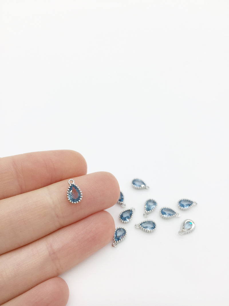 1 x Rhodium Plated Light Blue Cubic Zirconia Teardrop Charm, 5x8mm (3888)